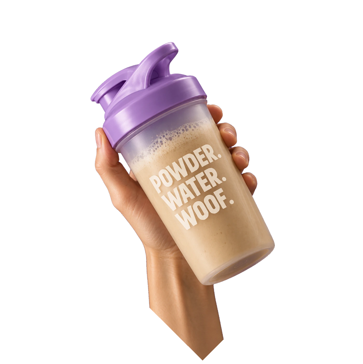 Powder. Water. Woof. shaker kézben
